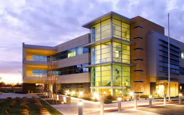 Commercial office building at dusk